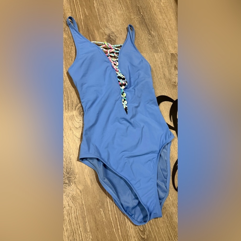 Lilly Pulitzer Blue One Piece Swimsuit Lattice Back Size 4 Beach Pool - Picture 4 of 5